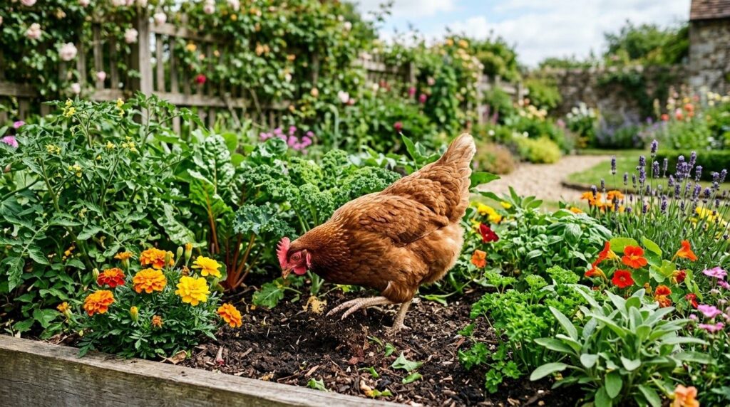 A happy healthy chicken scratching in a lush garden bed surrounded by green plants and a few colorful flowers illustrati