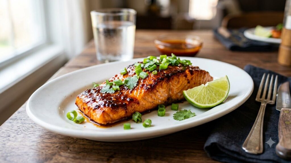A cooked salmon fillet coated in a vibrant spicy sriracha glaze garnished with chopped green onions and lime wedges on a