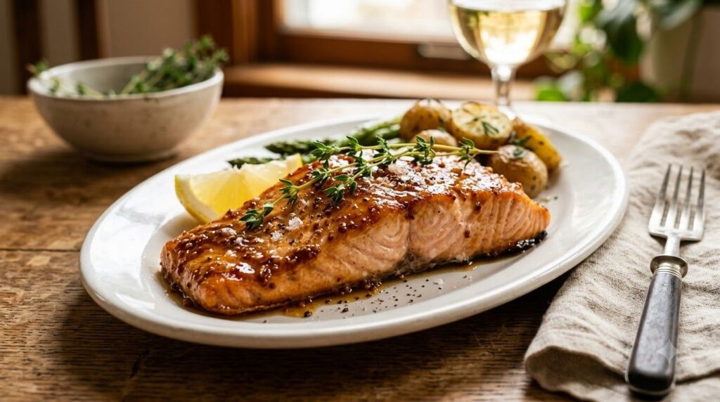 A perfectly baked salmon fillet coated in a maple dijon glaze garnished with fresh thyme on a white plate Small glass bo