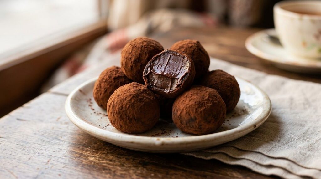 Close-up of decadent dark chocolate truffles coated in cocoa powder arranged on a small white plate One truffle is cut i