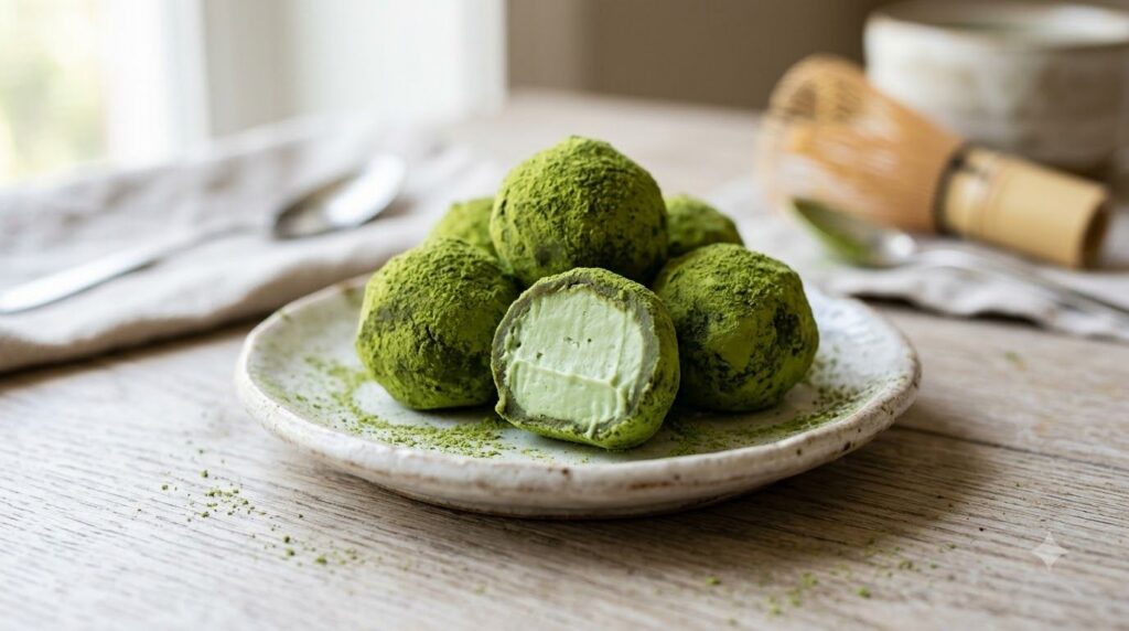 Close-up of vibrant green matcha truffles dusted with matcha powder on a small white plate One truffle is cut in half re