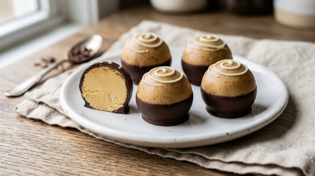 Close-up of spherical peanut butter truffles partially dipped in dark chocolate with a visible swirl on a white plate On