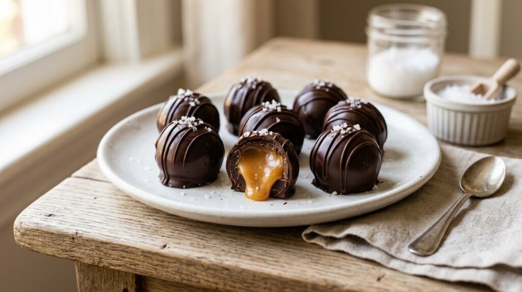 Close-up of glossy salted caramel truffles drizzled with chocolate and sprinkled with sea salt flakes on a white plate O