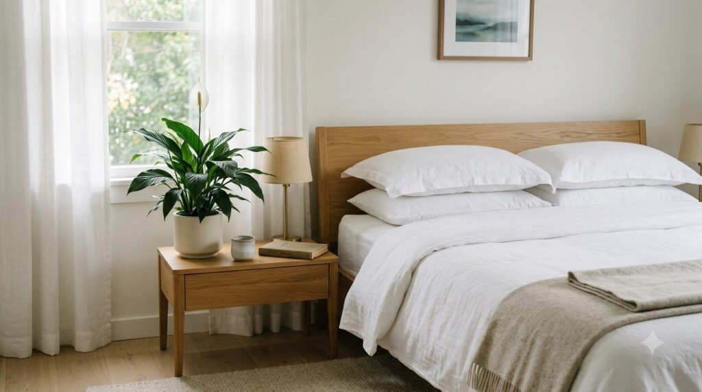 A tranquil bedroom scene with a Peace Lily plant on a bedside table next to a bed with white linens and soft natural lig
