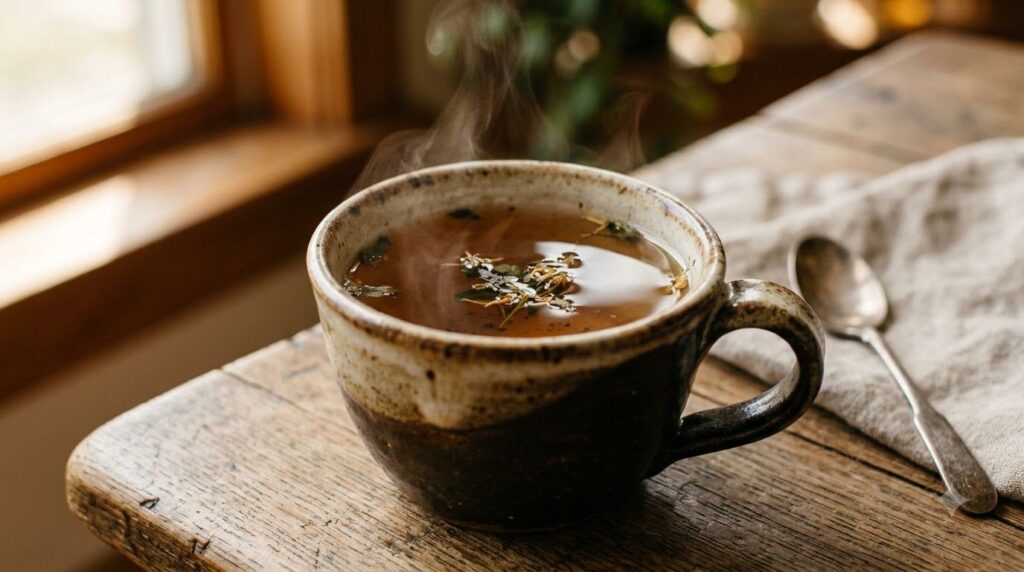 A close-up of a steaming mug of Spanish Needle tea with visible pieces of dried or fresh Bidens pilosa leaves at the bot