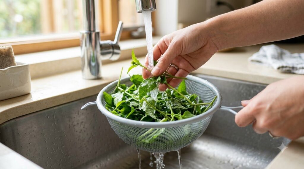 Close-up of freshly harvested Bidens pilosa leaves and tender stems being rinsed under running water in a kitchen sink i