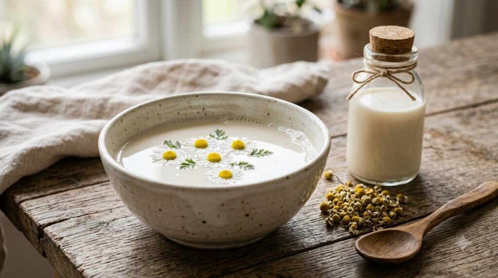 A close-up of a bowl containing a milky white liquid with a few chamomile flowers floating in it next to a small glass b