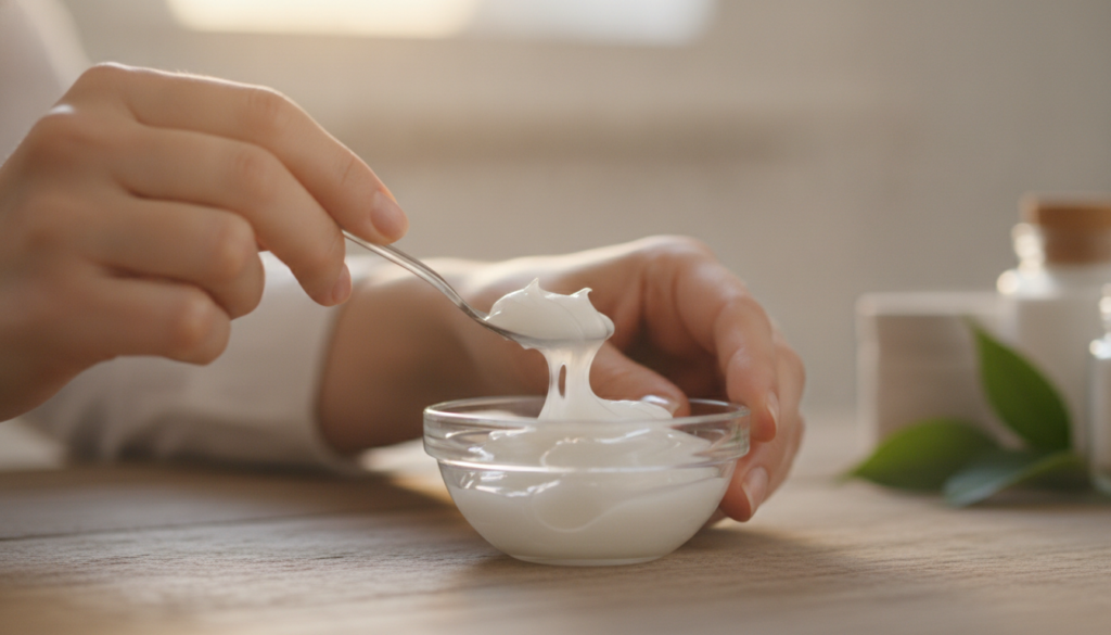 A woman gently mixing the contents of a gel capsule with petroleum jelly in a small bowl with a soft warm light illumina