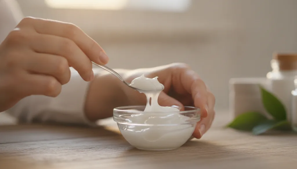A woman gently mixing the contents of a gel capsule with petroleum jelly in a small bowl with a soft warm light illumina