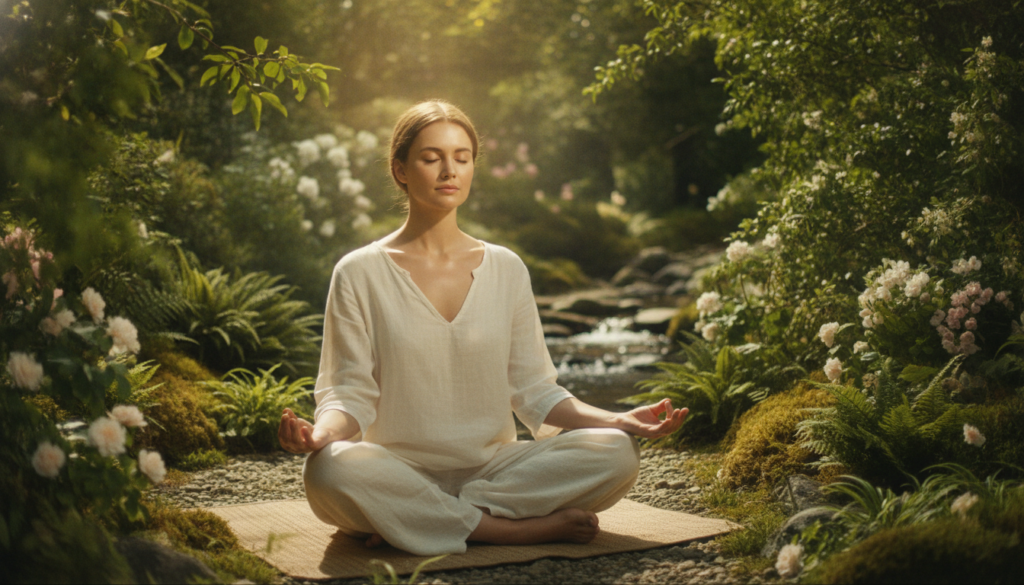 A serene woman meditating outdoors in a peaceful sunlit setting surrounded by natural elements like green plants or soft