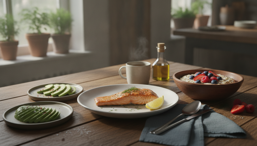 A tranquil scene featuring a wooden table with a plate of grilled salmon a bowl of oatmeal with berries and sliced avoca