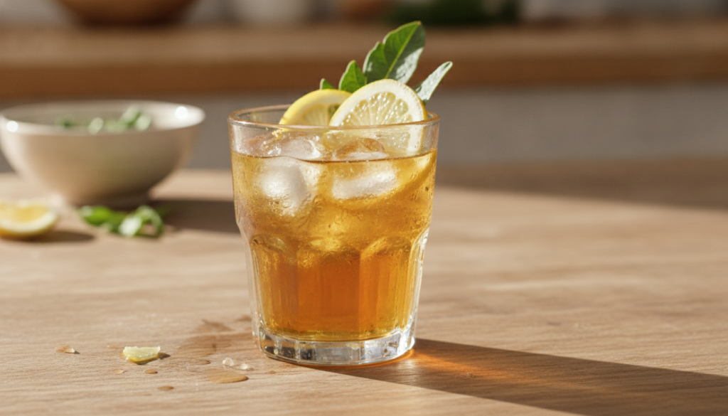 A refreshing glass of Atiso Lemon Collagen drink garnished with lemon slices and an artichoke leaf placed on a light woo