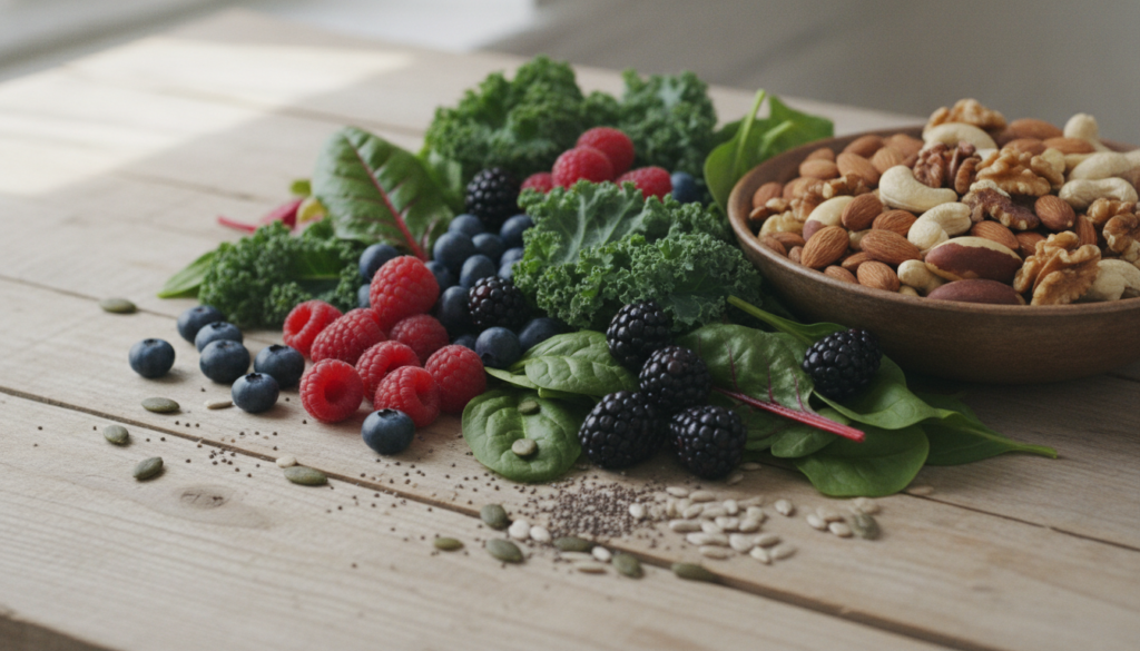 A vibrant and inviting display of various stress-fighting foods including leafy greens colorful berries mixed nuts and s