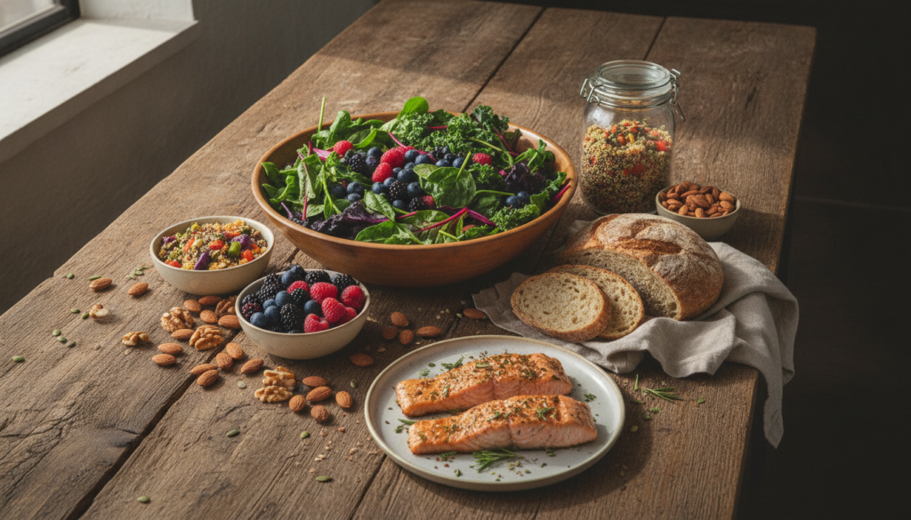 A vibrant colorful array of various nutrient-dense foods including leafy greens berries nuts seeds lean protein and whol