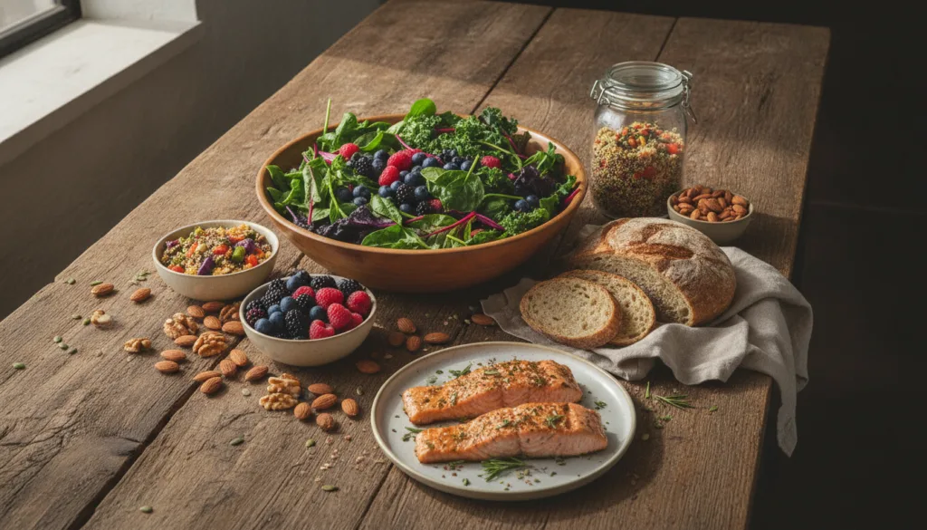 A vibrant colorful array of various nutrient-dense foods including leafy greens berries nuts seeds lean protein and whol
