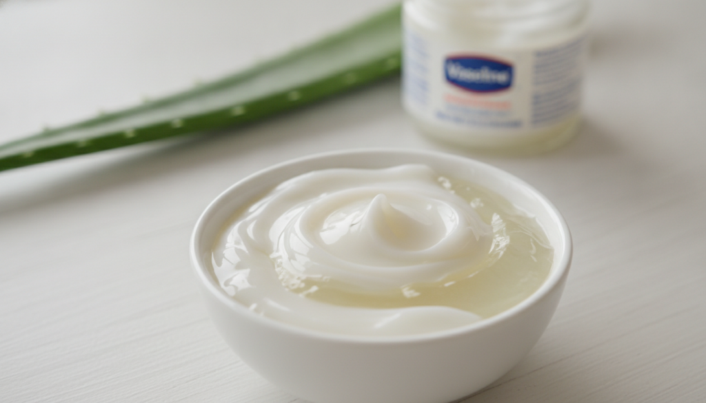 A close-up shot of a small bowl containing a creamy homemade face mask made from a blend of white petroleum jelly and cl