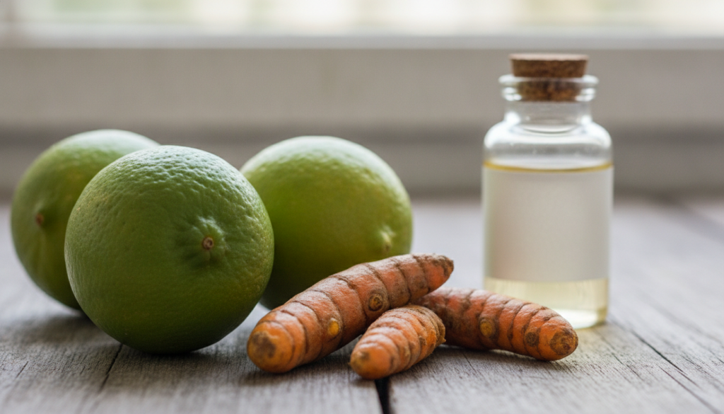 A close-up shot of fresh limes and vibrant turmeric roots with a glass bottle of homemade toner in the background sugges
