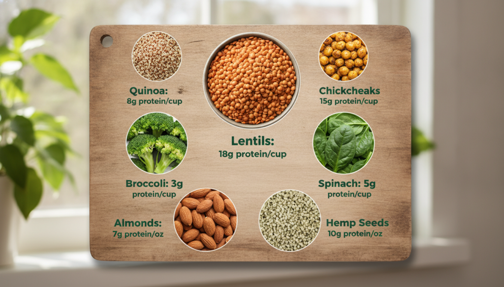 An infographic showing various plant-based protein sources like lentils quinoa broccoli and nuts with their protein cont