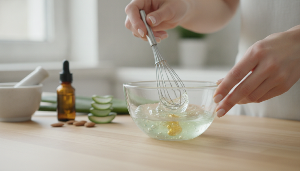 A person s hands gently mixing fresh aloe vera gel with other natural ingredients in a glass bowl with a whisk in a brig