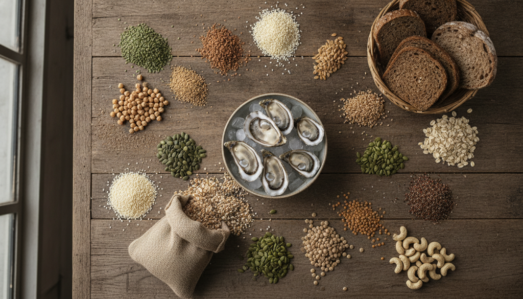 A colorful array of various zinc-rich foods such as chickpeas lentils sesame seeds pumpkin seeds cashews whole grains an