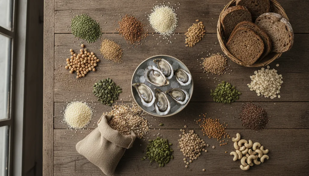 A colorful array of various zinc-rich foods such as chickpeas lentils sesame seeds pumpkin seeds cashews whole grains an