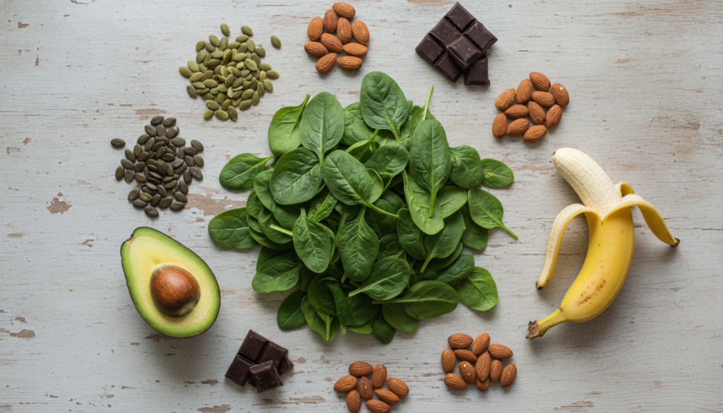 A vibrant flat lay of various magnesium-rich foods like spinach pumpkin seeds almonds dark chocolate avocado and bananas
