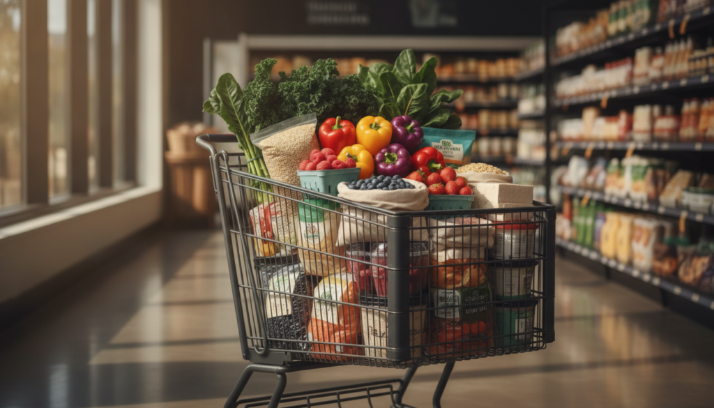 A neatly organized grocery cart filled with fresh colorful vegetarian ingredients like leafy greens bell peppers berries