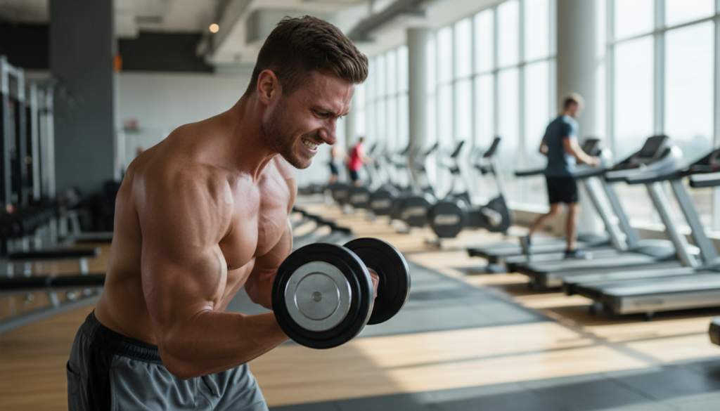 A person performing a bicep curl with a dumbbell in a modern gym setting focusing on proper form
