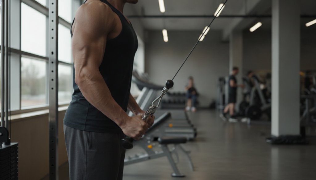 A person performing a tricep pushdown with a cable machine focusing on the contraction of the triceps