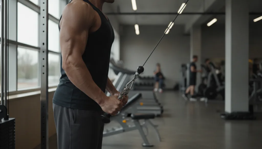A person performing a tricep pushdown with a cable machine focusing on the contraction of the triceps