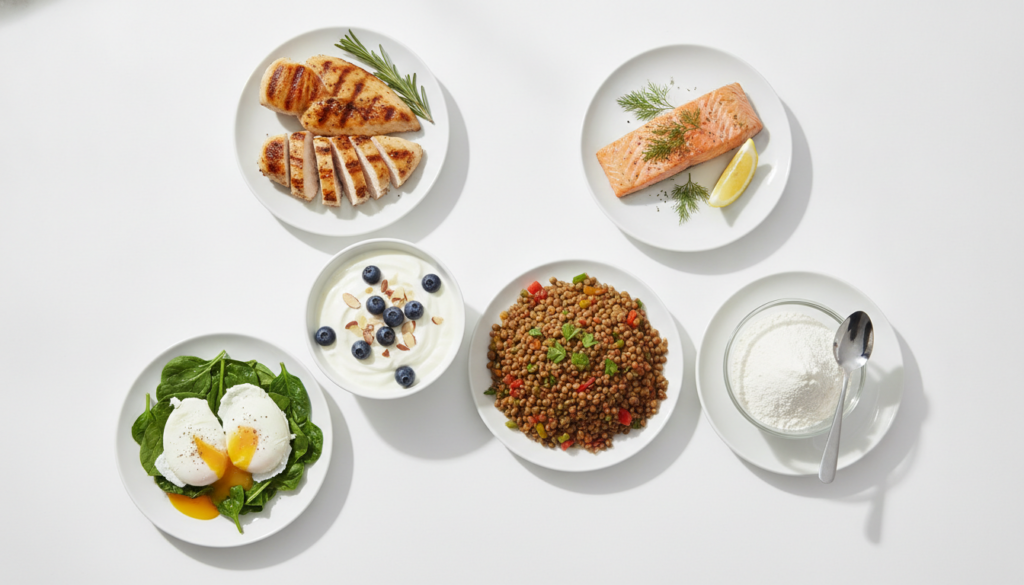 A collage of various food items each portioned to represent approximately 40 grams of protein Examples include a large c