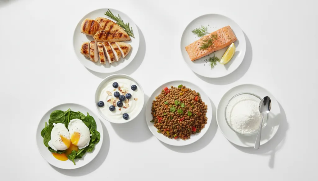 A collage of various food items each portioned to represent approximately 40 grams of protein Examples include a large c