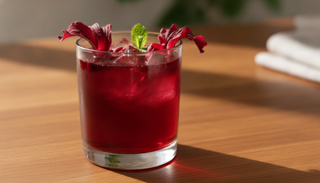 A beautiful glass of a vibrant red or pink hibiscus collagen drink garnished with fresh hibiscus petals and perhaps a sl