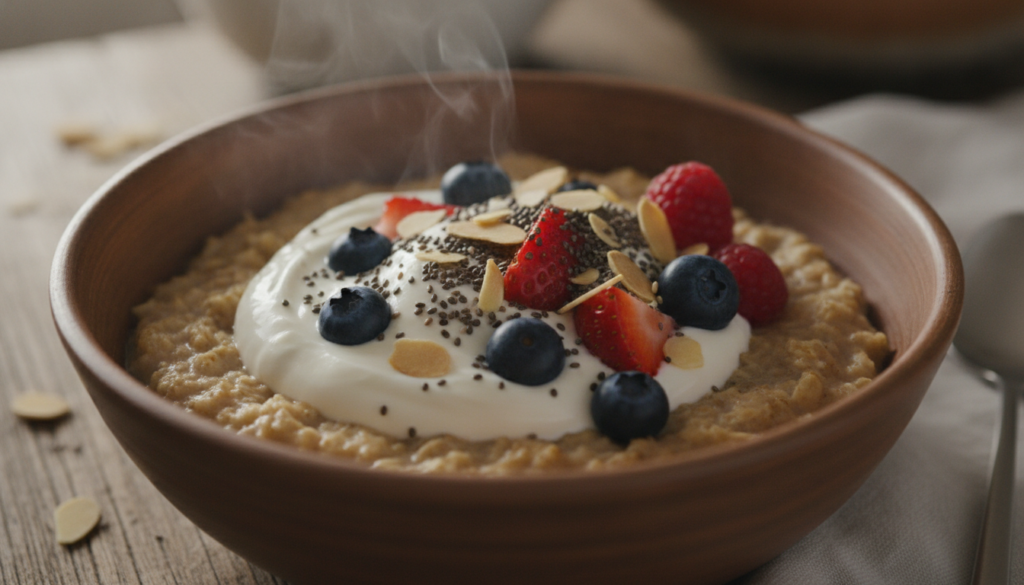 A vibrant aesthetically pleasing bowl of oatmeal topped with various protein-rich ingredients like Greek yogurt nuts see