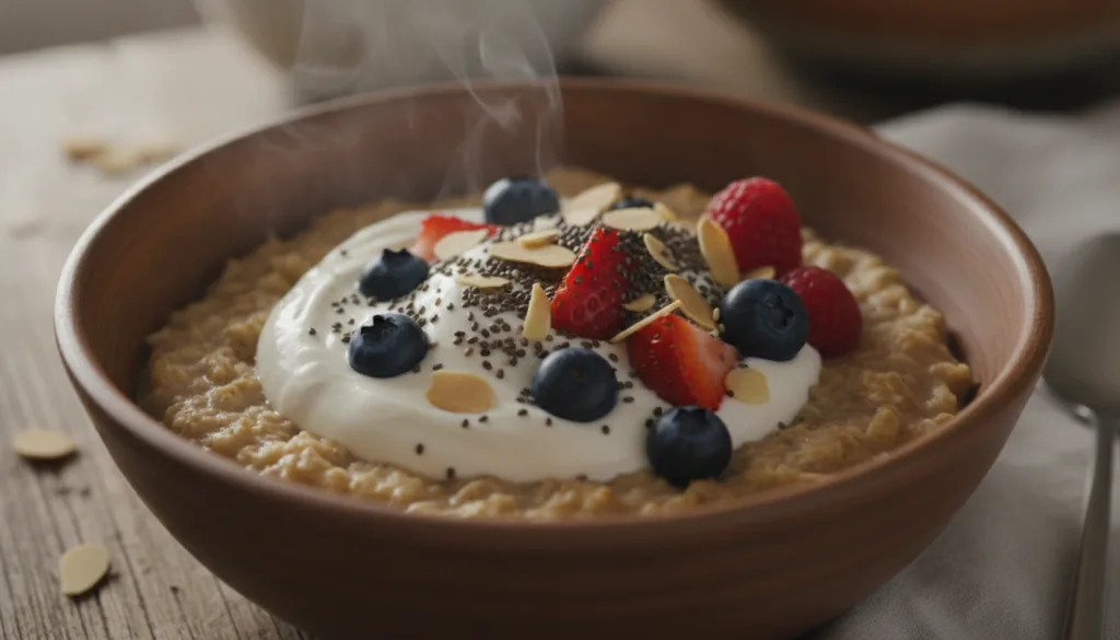 A vibrant aesthetically pleasing bowl of oatmeal topped with various protein-rich ingredients like Greek yogurt nuts see