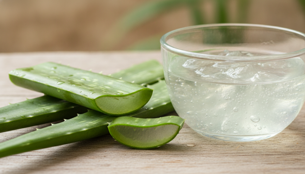 A close-up shot of fresh aloe vera leaves and a bowl of aloe vera gel with glowing healthy skin in the background