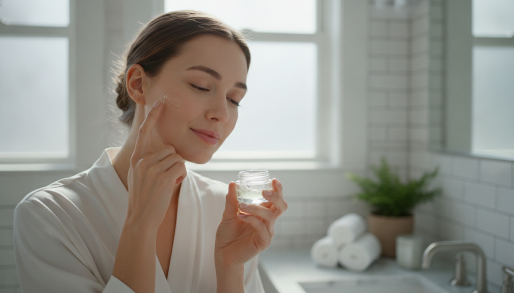 A woman gently applying a clear aloe vera gel to her face showing healthy glowing skin