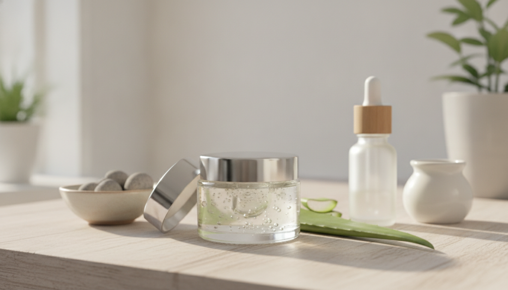 A small glass jar filled with homemade aloe vera anti-aging gel placed on a vanity with other natural beauty products in