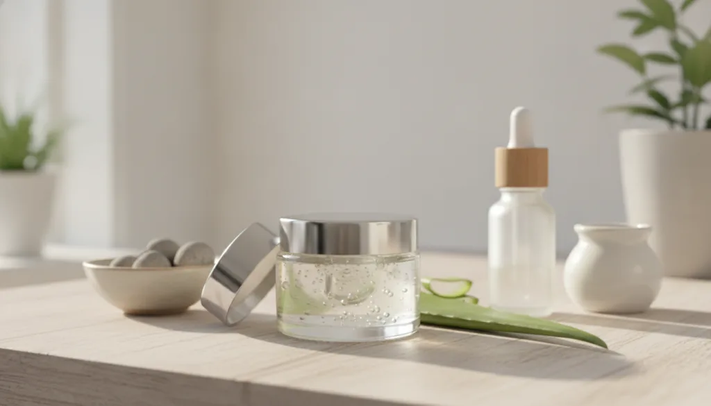 A small glass jar filled with homemade aloe vera anti-aging gel placed on a vanity with other natural beauty products in