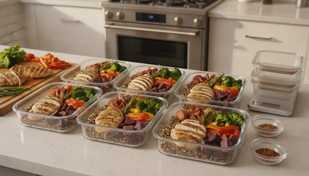 A vibrant and organized meal prep scene featuring several containers filled with balanced meals like grilled chicken qui