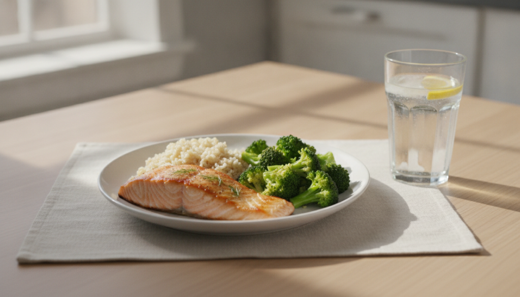 A balanced lunch meal on a plate featuring grilled salmon brown rice and steamed broccoli with a glass of water next to 