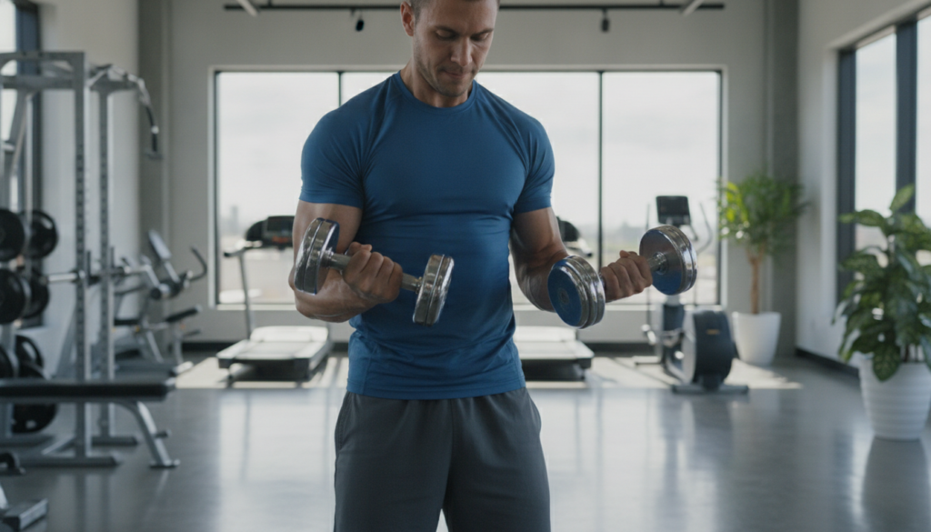 A person demonstrating proper bicep curl form with light weights focusing on controlled movement in a modern gym setting