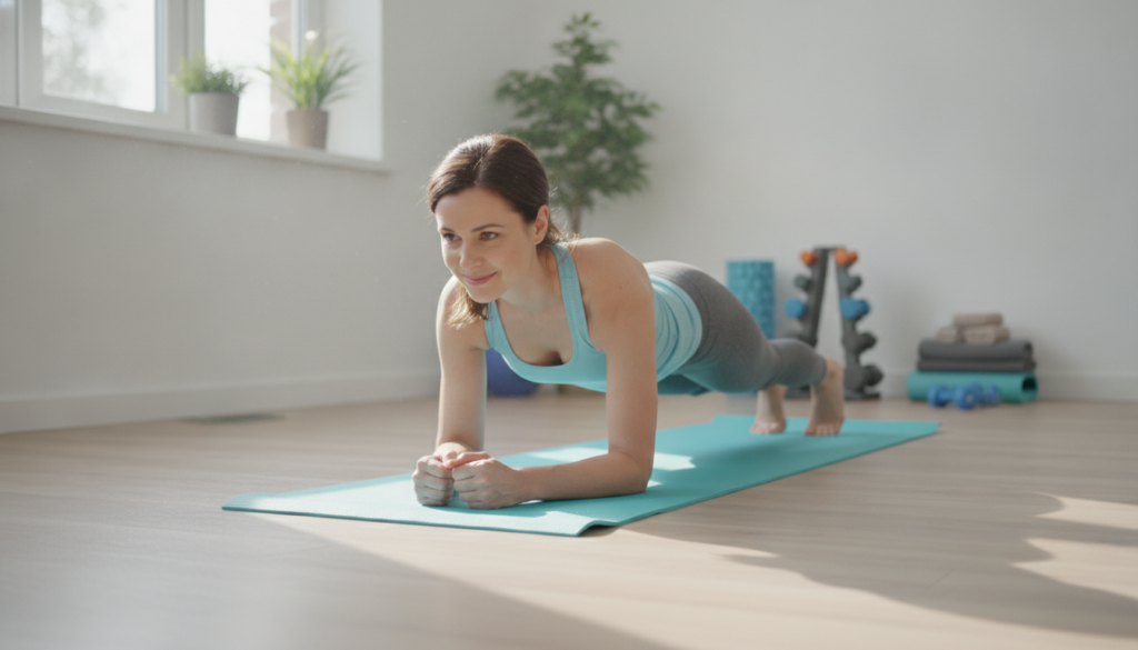 A person demonstrating a gentle beginner-friendly core exercise such as a pelvic tilt or bird-dog on a yoga mat in a bri