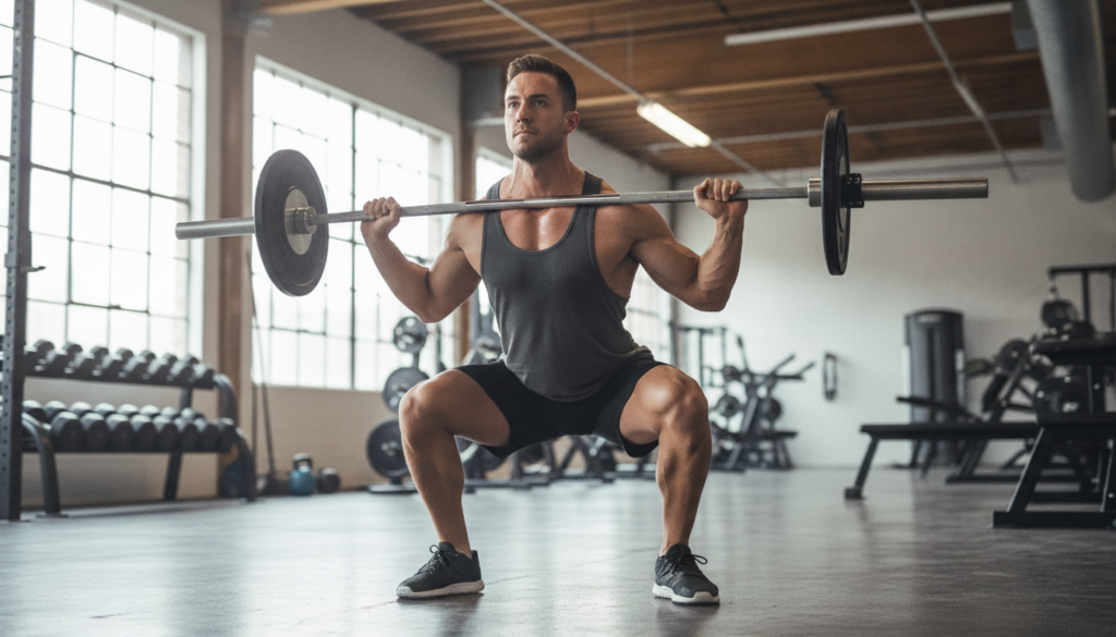 A person demonstrating perfect squat form at the bottom of the movement in a gym setting