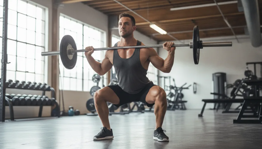 A person demonstrating perfect squat form at the bottom of the movement in a gym setting