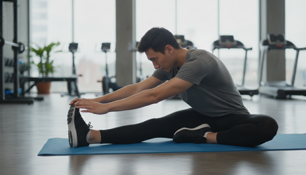 A person stretching after a workout emphasizing flexibility and cool-down in a modern gym setting with natural light