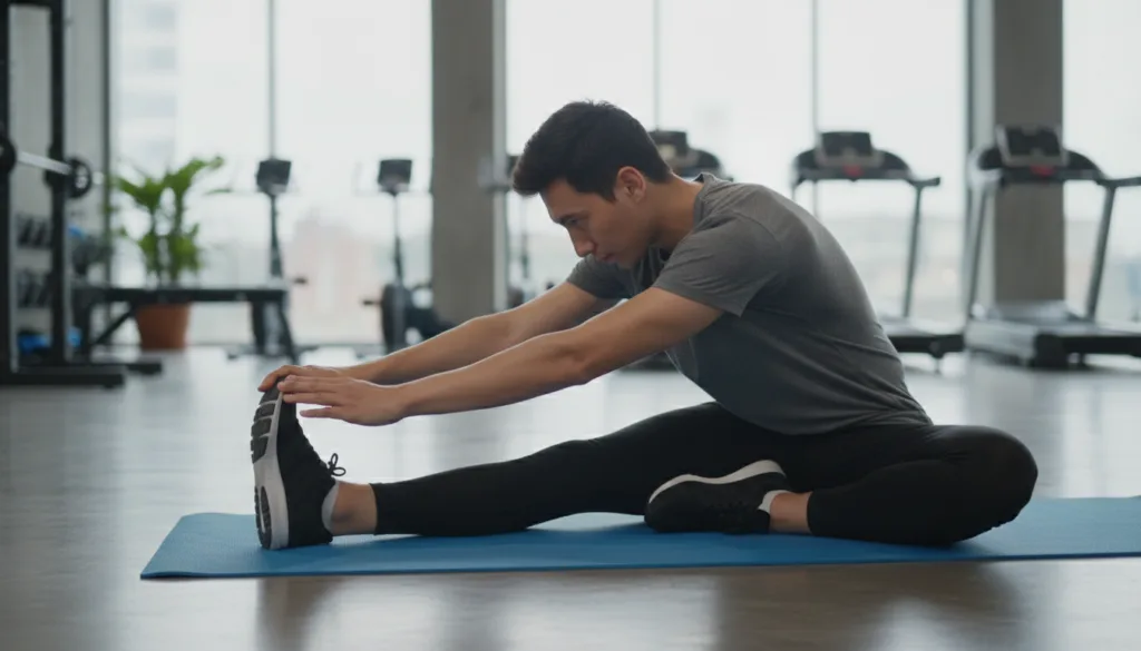 A person stretching after a workout emphasizing flexibility and cool-down in a modern gym setting with natural light