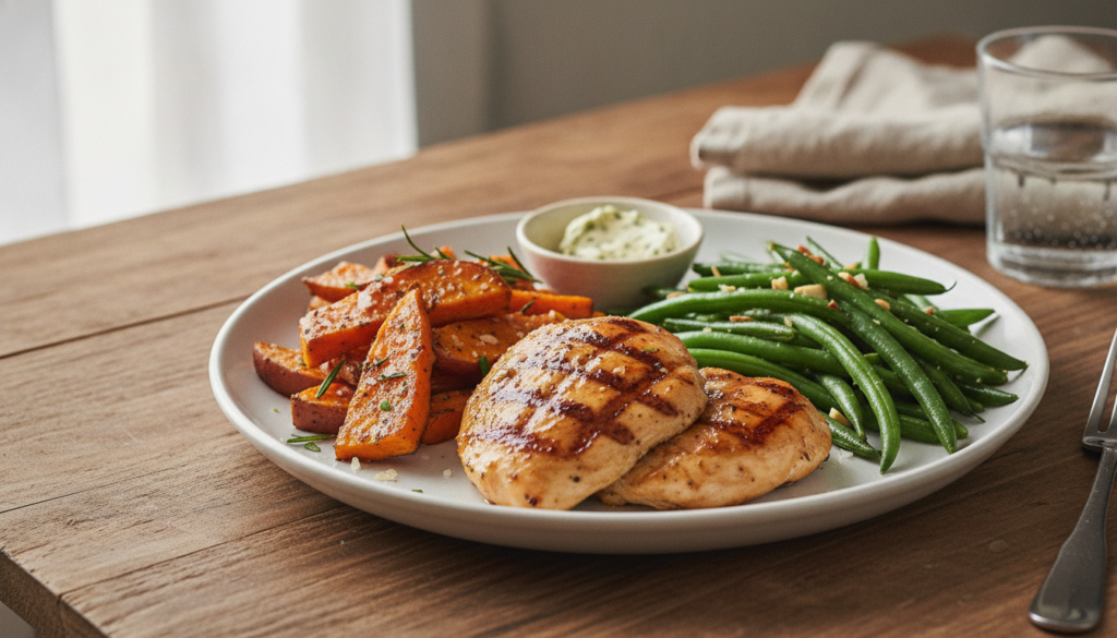 A balanced meal with protein carbs and vegetables emphasizing healthy eating for muscle recovery and energy