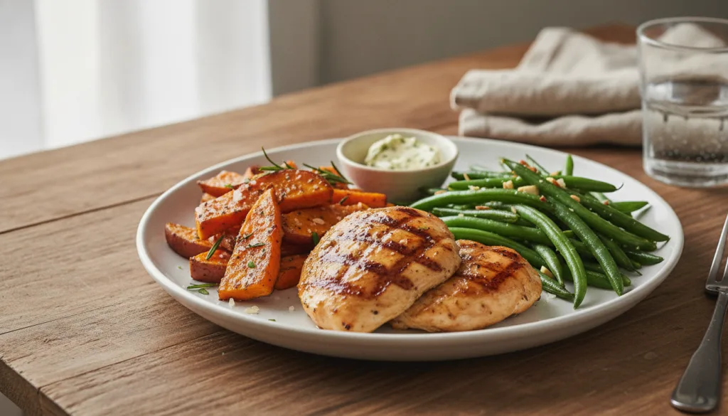 A balanced meal with protein carbs and vegetables emphasizing healthy eating for muscle recovery and energy