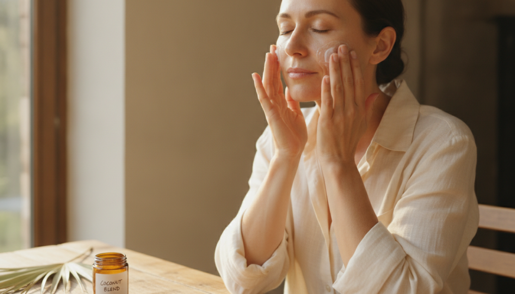 A woman gently massaging a small amount of coconut oil blend onto her face with a soft glow suggesting a natural beauty 